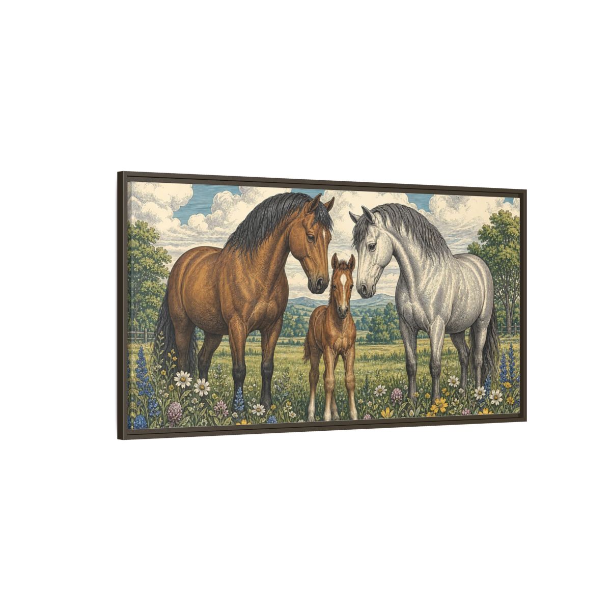 Side Mockup 4. Animals Horses Horse Family Meadow shown as stretched canvas wall art