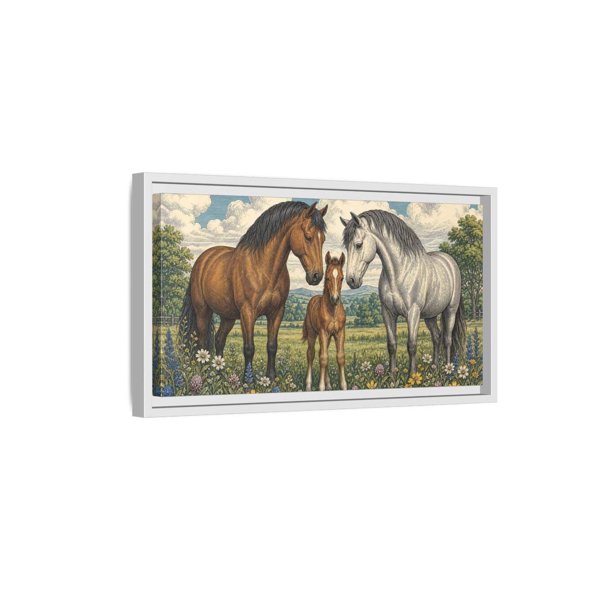 Side Mockup 6. Animals Horses Horse Family Meadow shown as stretched canvas wall art