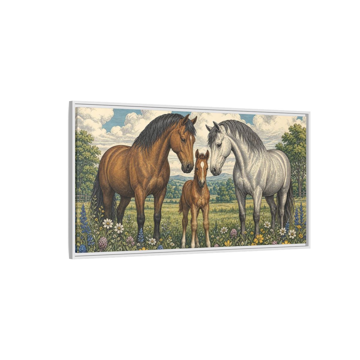 Side Mockup 3. Animals Horses Horse Family Meadow shown as stretched canvas wall art