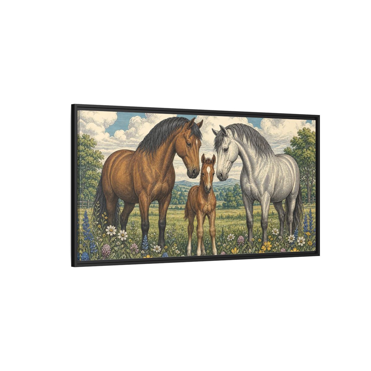 Side Mockup 5. Animals Horses Horse Family Meadow shown as stretched canvas wall art