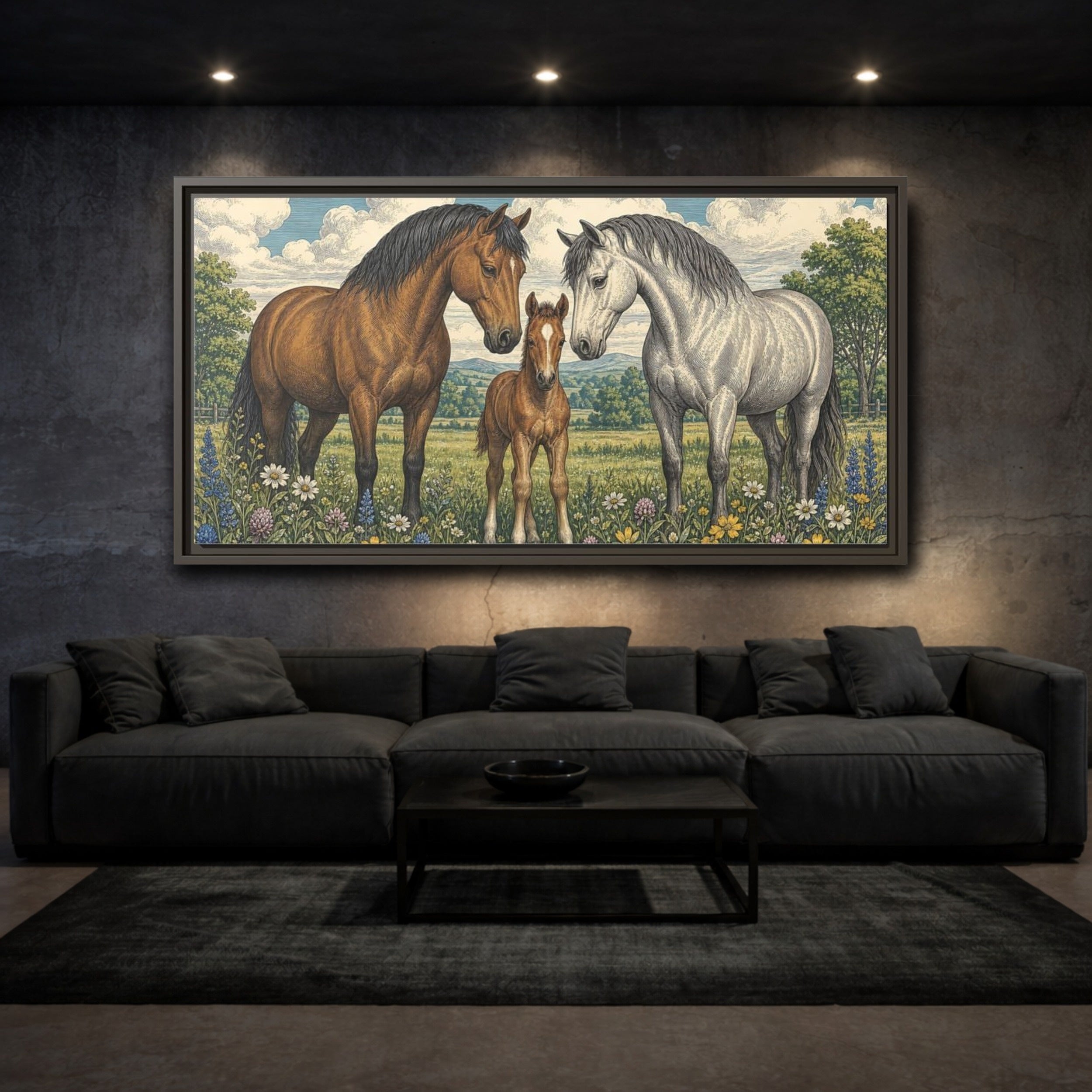 Mockup 2. Animals Horses Horse Family Meadow shown as stretched canvas wall art