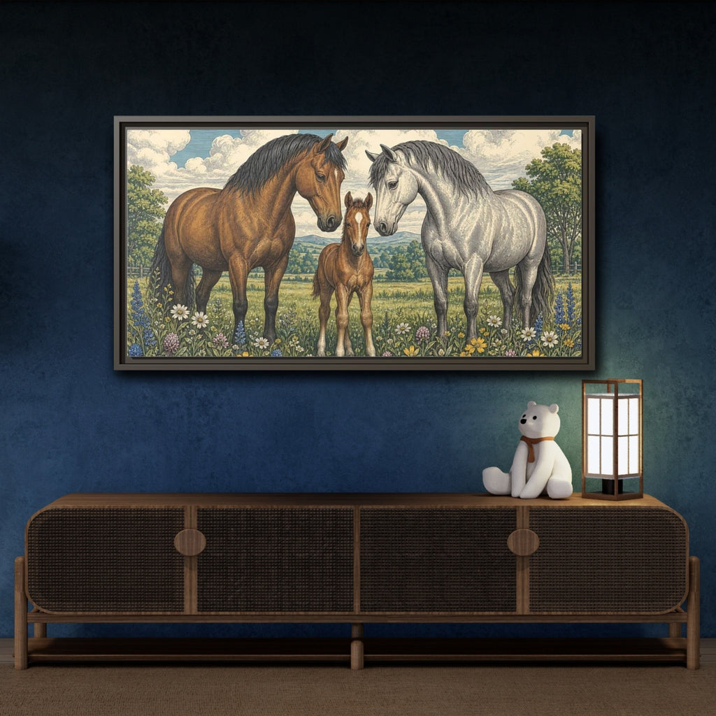 Mockup 4. Animals Horses Horse Family Meadow shown as stretched canvas wall art