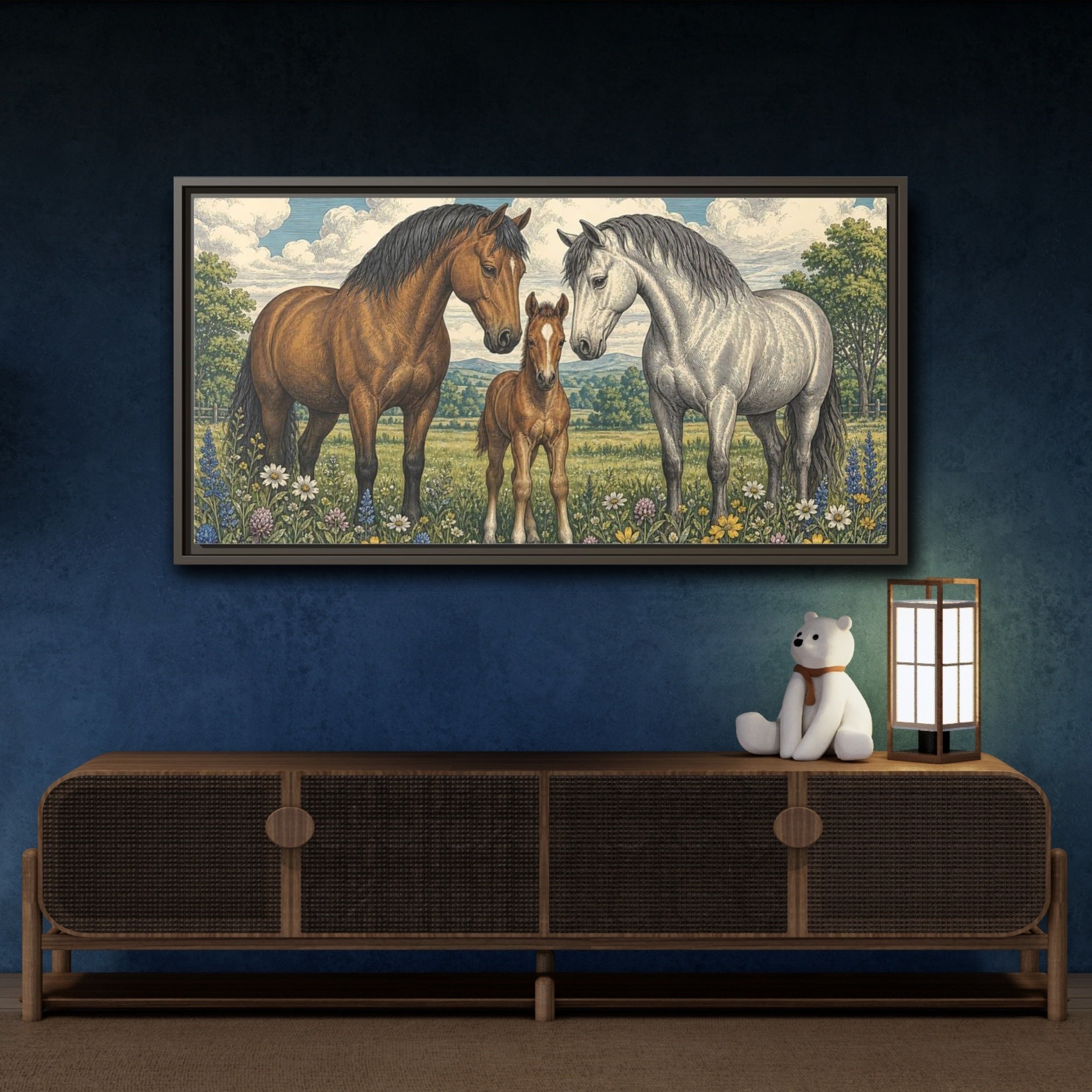 Mockup 4. Animals Horses Horse Family Meadow shown as stretched canvas wall art