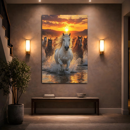 Animals Horses Golden Sunset Canvas Wall Art Print - Realistic Living Room Above Console Table shown as canvas wall art