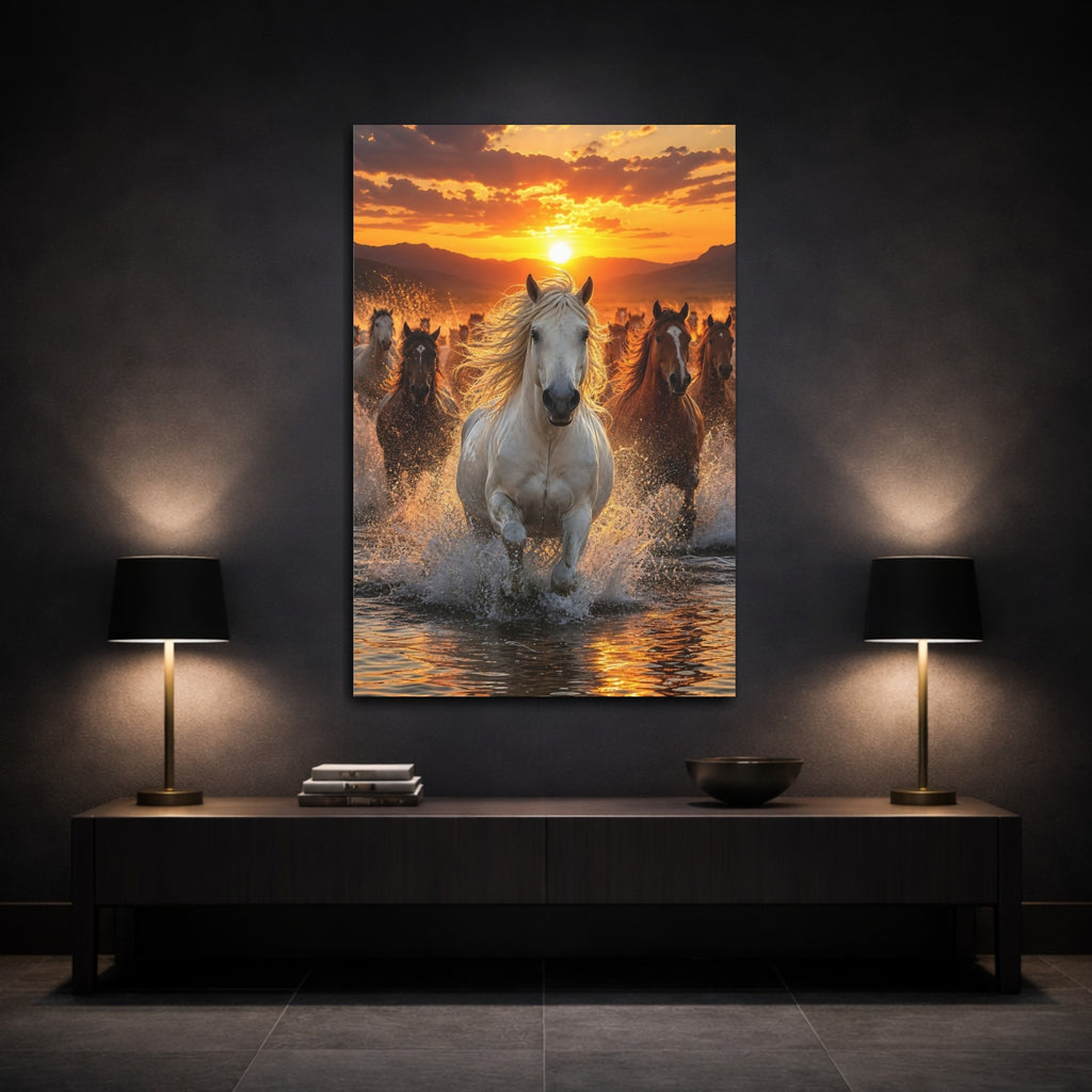 Mockup 3. Animals Horses Horses Golden Sunset shown as stretched canvas wall art