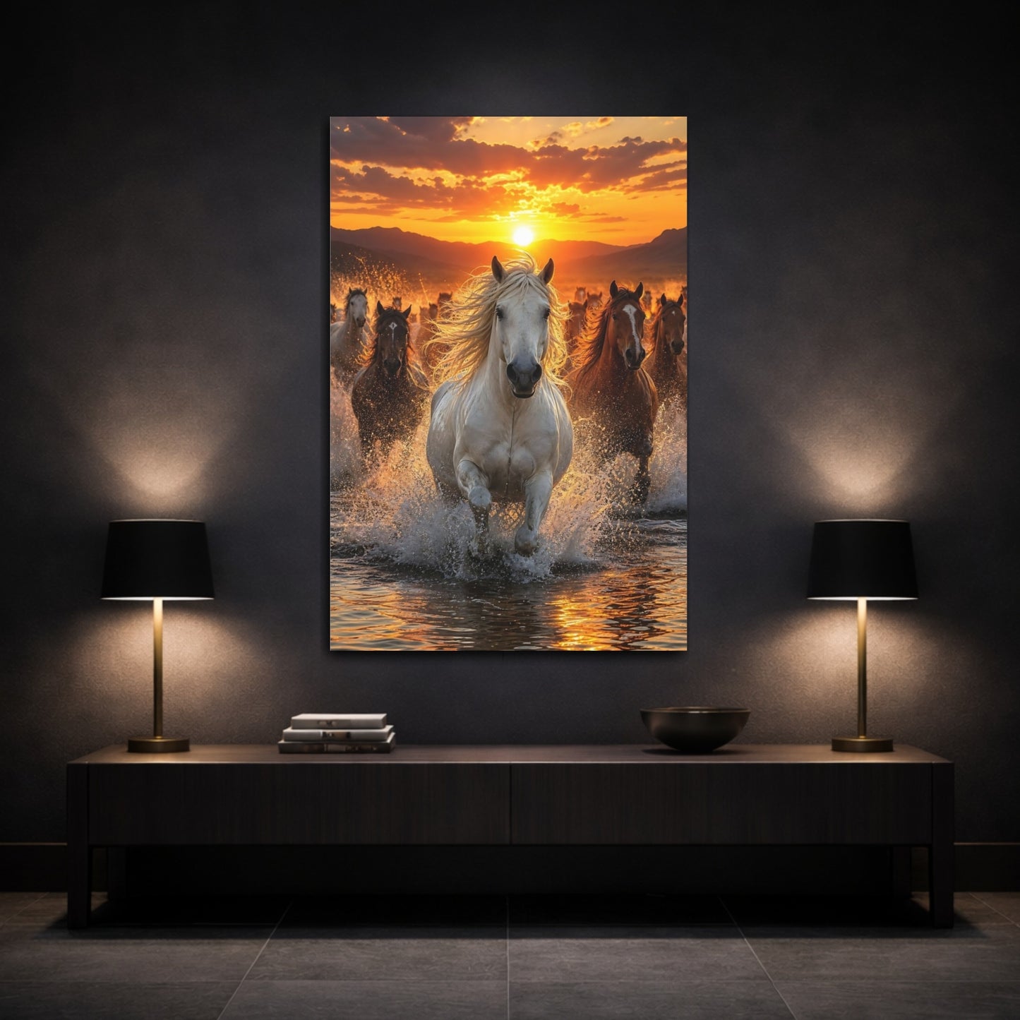 Animals Horses Golden Sunset Canvas Wall Art Print - Realistic Living Room Above Console Table shown as canvas wall art