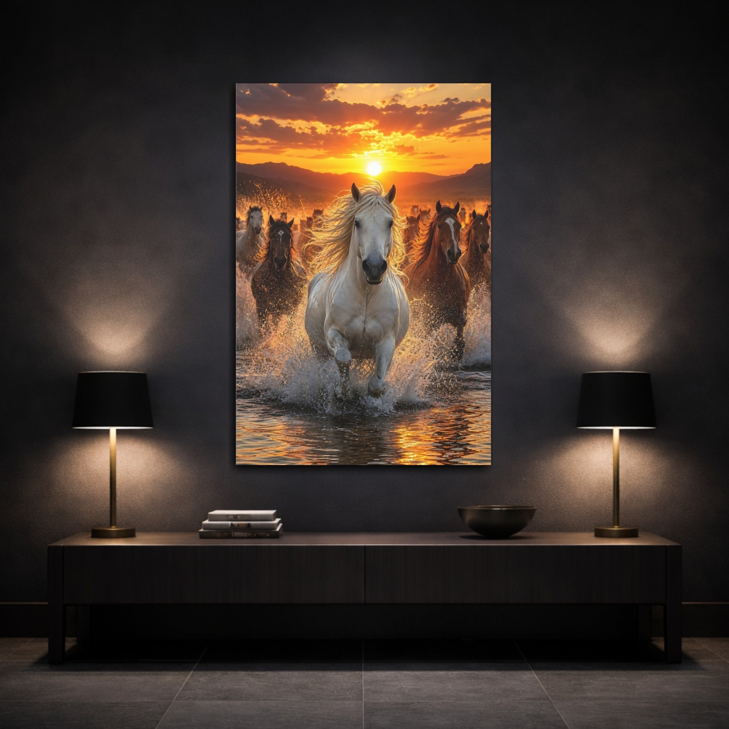 Mockup 3. Animals Horses Horses Golden Sunset shown as stretched canvas wall art
