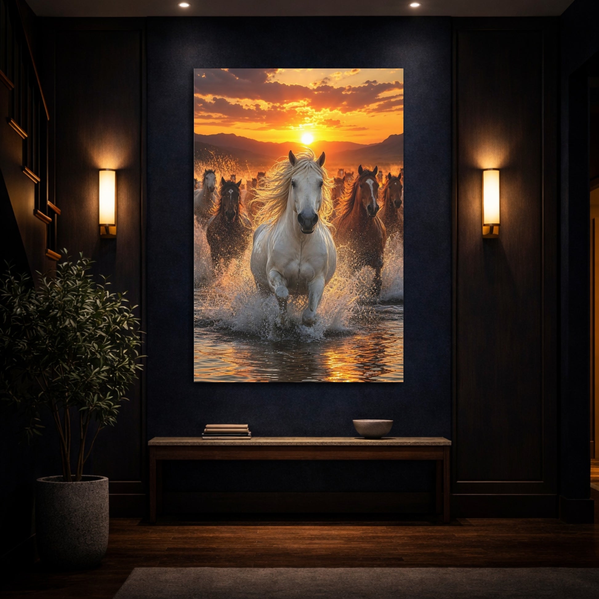 Animals Horses Golden Sunset Canvas Wall Art Print - Realistic Living Room Above Console Table shown as canvas wall art