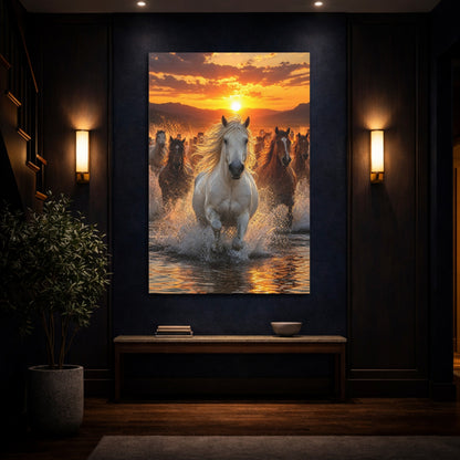Animals Horses Golden Sunset Canvas Wall Art Print - Realistic Living Room Above Console Table shown as canvas wall art