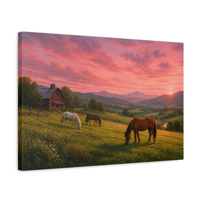 Side Mockup 3. Animals Horses Pink Sunset Horses shown as stretched canvas wall art