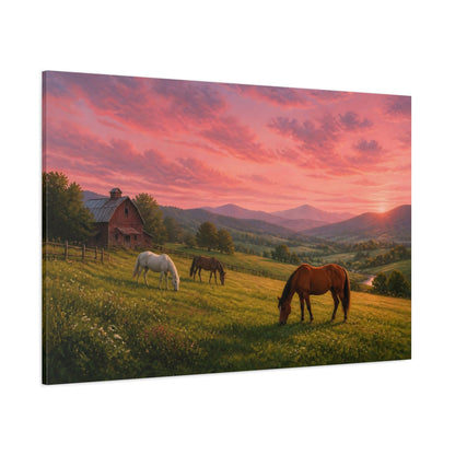 Side Mockup 1. Animals Horses Pink Sunset Horses shown as stretched canvas wall art