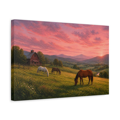 Side Mockup 4. Animals Horses Pink Sunset Horses shown as stretched canvas wall art