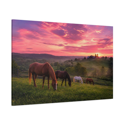 Side Mockup 1. Animals Horses Pink Sunset Horses shown as stretched canvas wall art