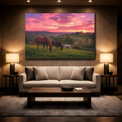 Mockup 2. Animals Horses Pink Sunset Horses shown as stretched canvas wall art