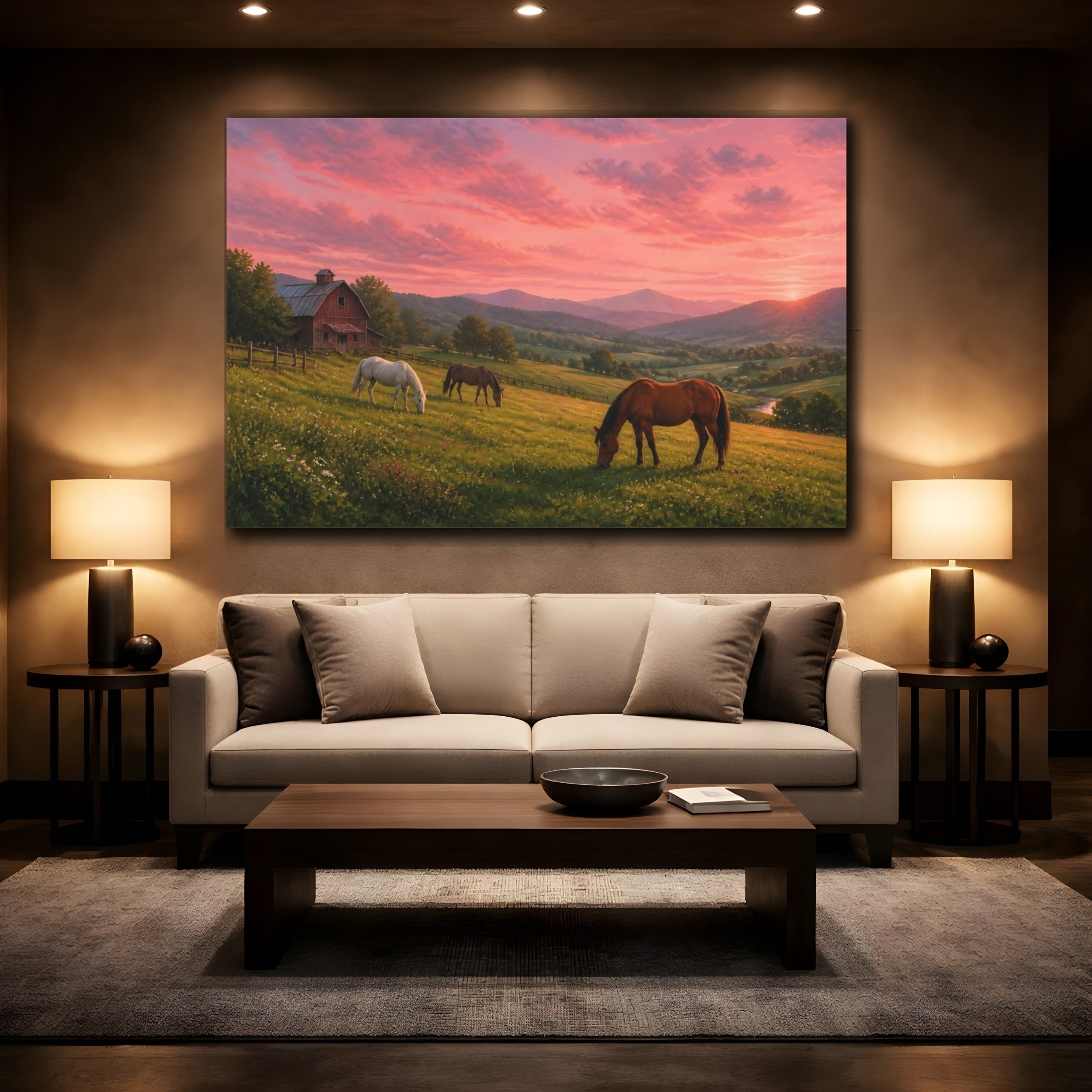 Mockup 2. Animals Horses Pink Sunset Horses shown as stretched canvas wall art