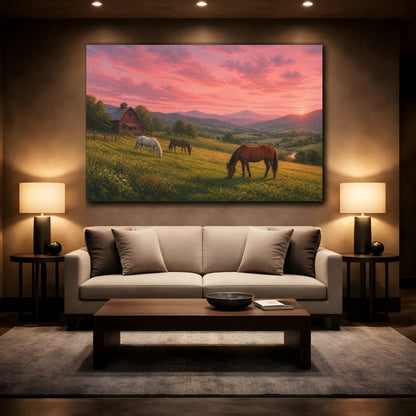 Mockup 2. Animals Horses Pink Sunset Horses shown as stretched canvas wall art