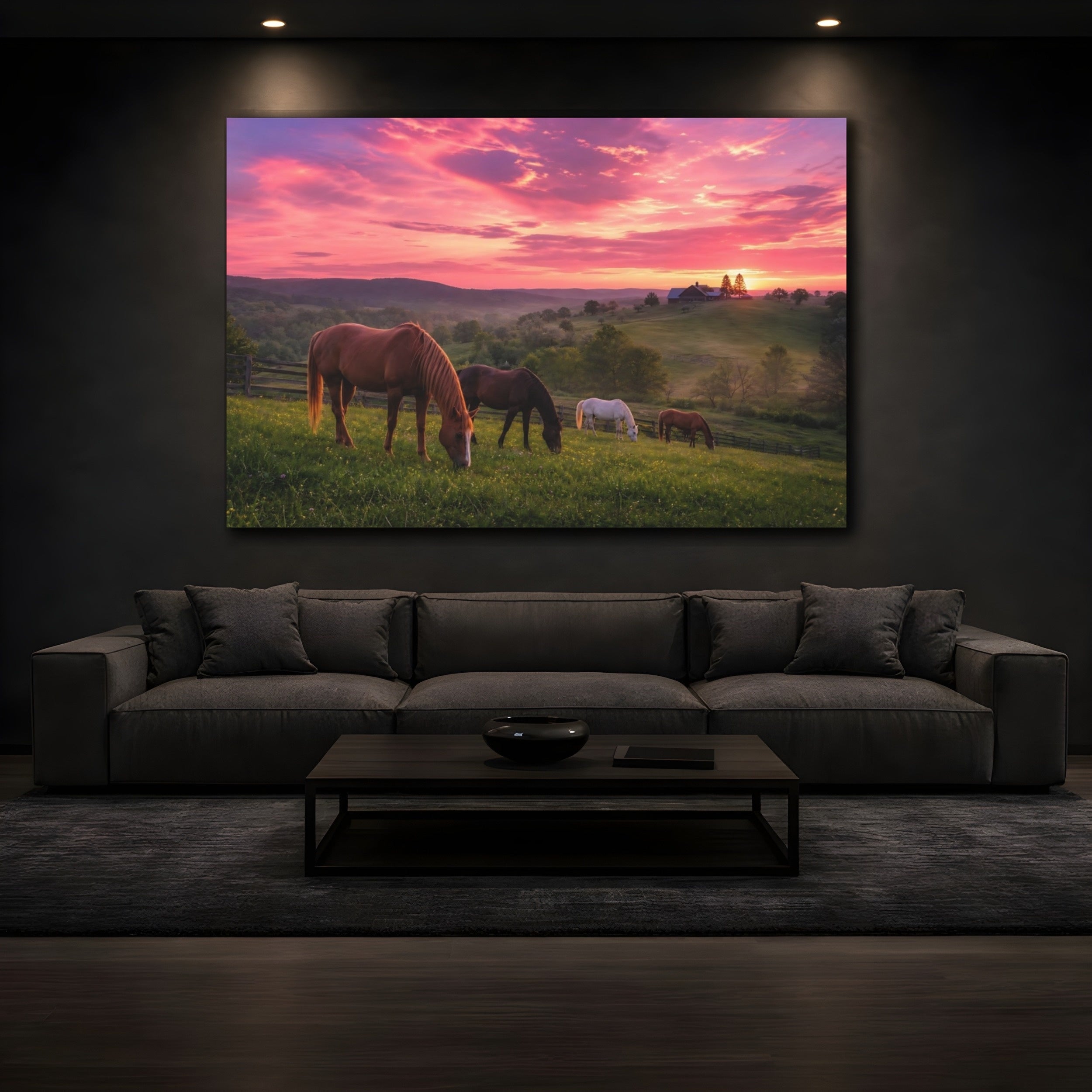 Mockup 3. Animals Horses Pink Sunset Horses shown as stretched canvas wall art