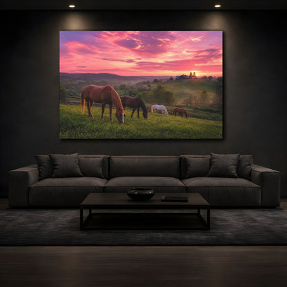 Mockup 3. Animals Horses Pink Sunset Horses shown as stretched canvas wall art