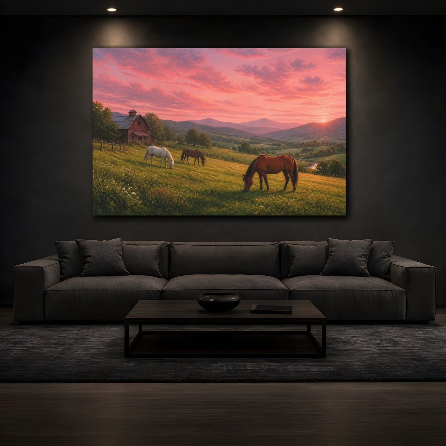 Mockup 3. Animals Horses Pink Sunset Horses shown as stretched canvas wall art