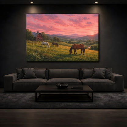 Mockup 3. Animals Horses Pink Sunset Horses shown as stretched canvas wall art