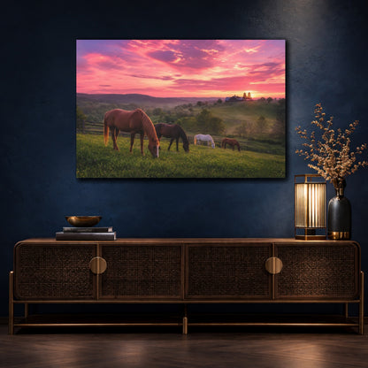 Mockup 4. Animals Horses Pink Sunset Horses shown as stretched canvas wall art