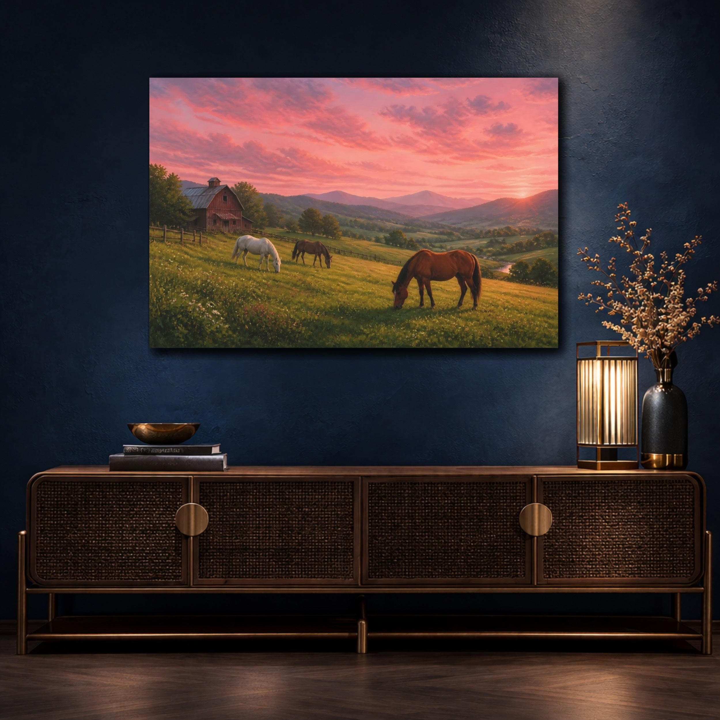 Mockup 4. Animals Horses Pink Sunset Horses shown as stretched canvas wall art