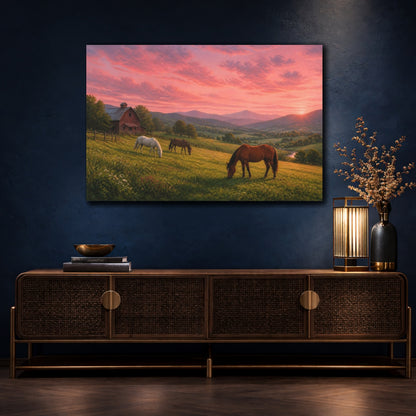 Mockup 4. Animals Horses Pink Sunset Horses shown as stretched canvas wall art