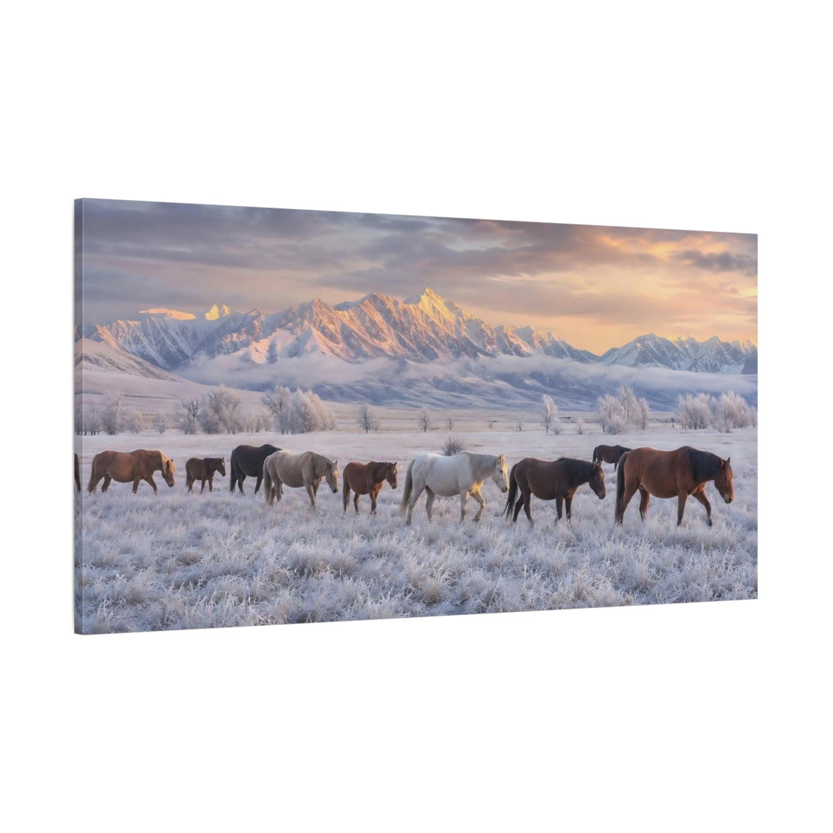 Side Mockup 2. Animals Horses Winter Horses shown as stretched canvas wall art