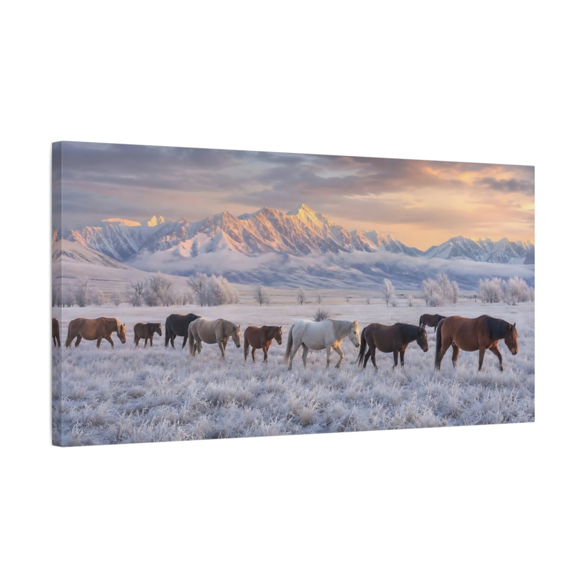 Side Mockup 1. Animals Horses Winter Horses shown as stretched canvas wall art