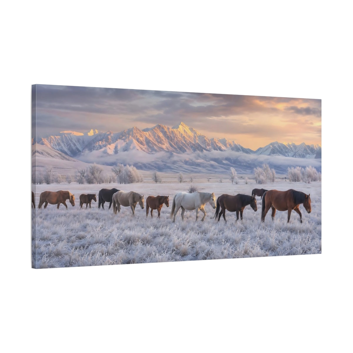 Main Mockup. Animals Horses Winter Horses shown as stretched canvas wall art