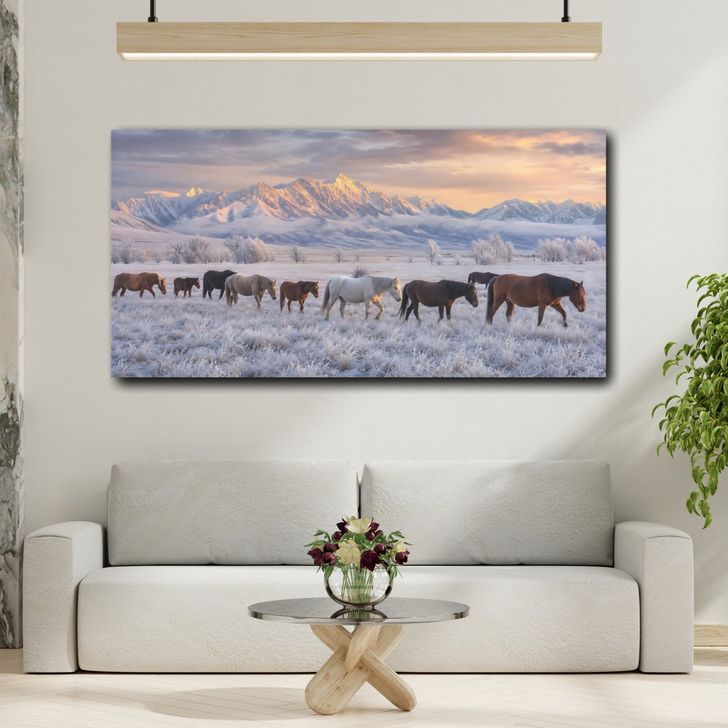 Mockup 2. Animals Horses Winter Horses shown as stretched canvas wall art