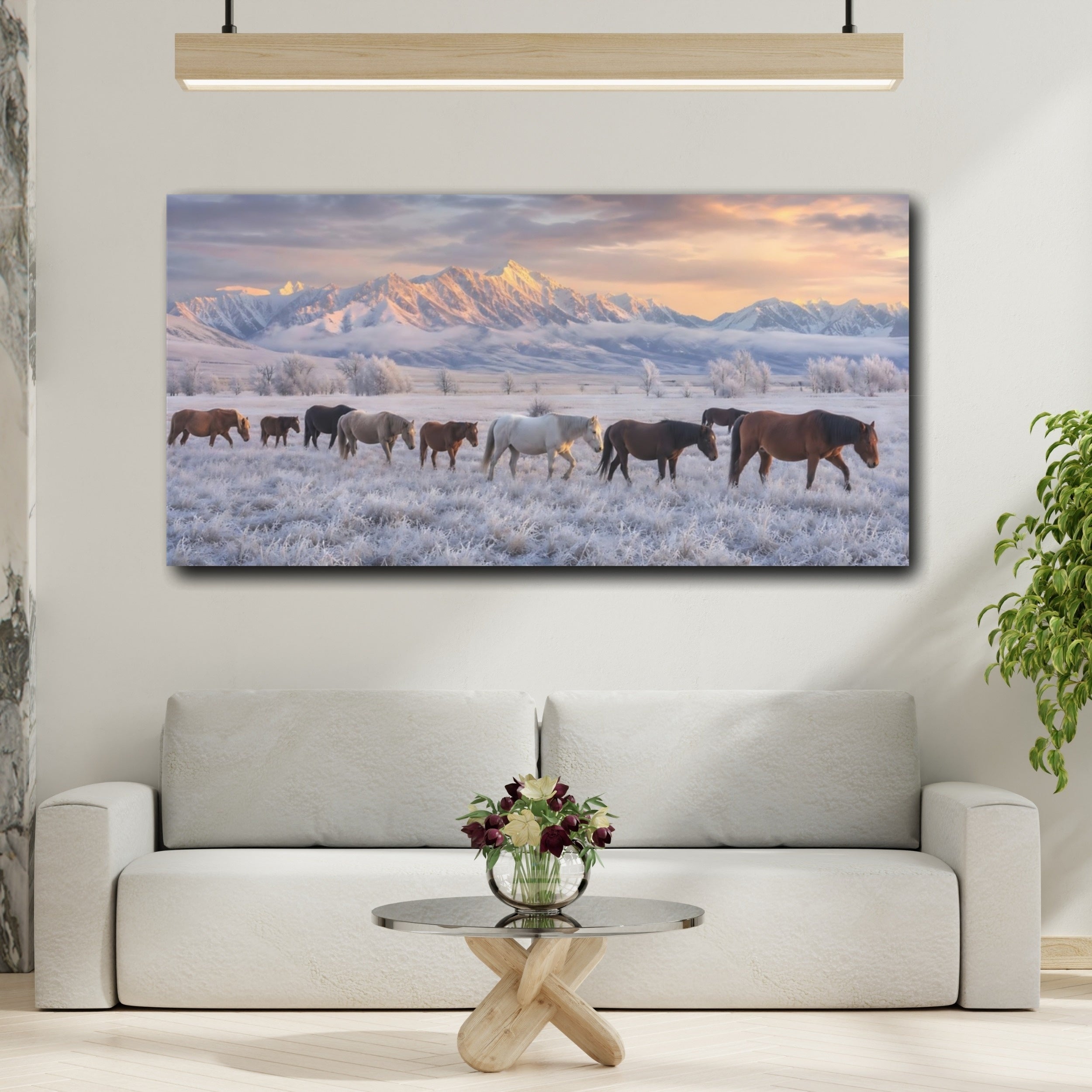 Mockup 2. Animals Horses Winter Horses shown as stretched canvas wall art