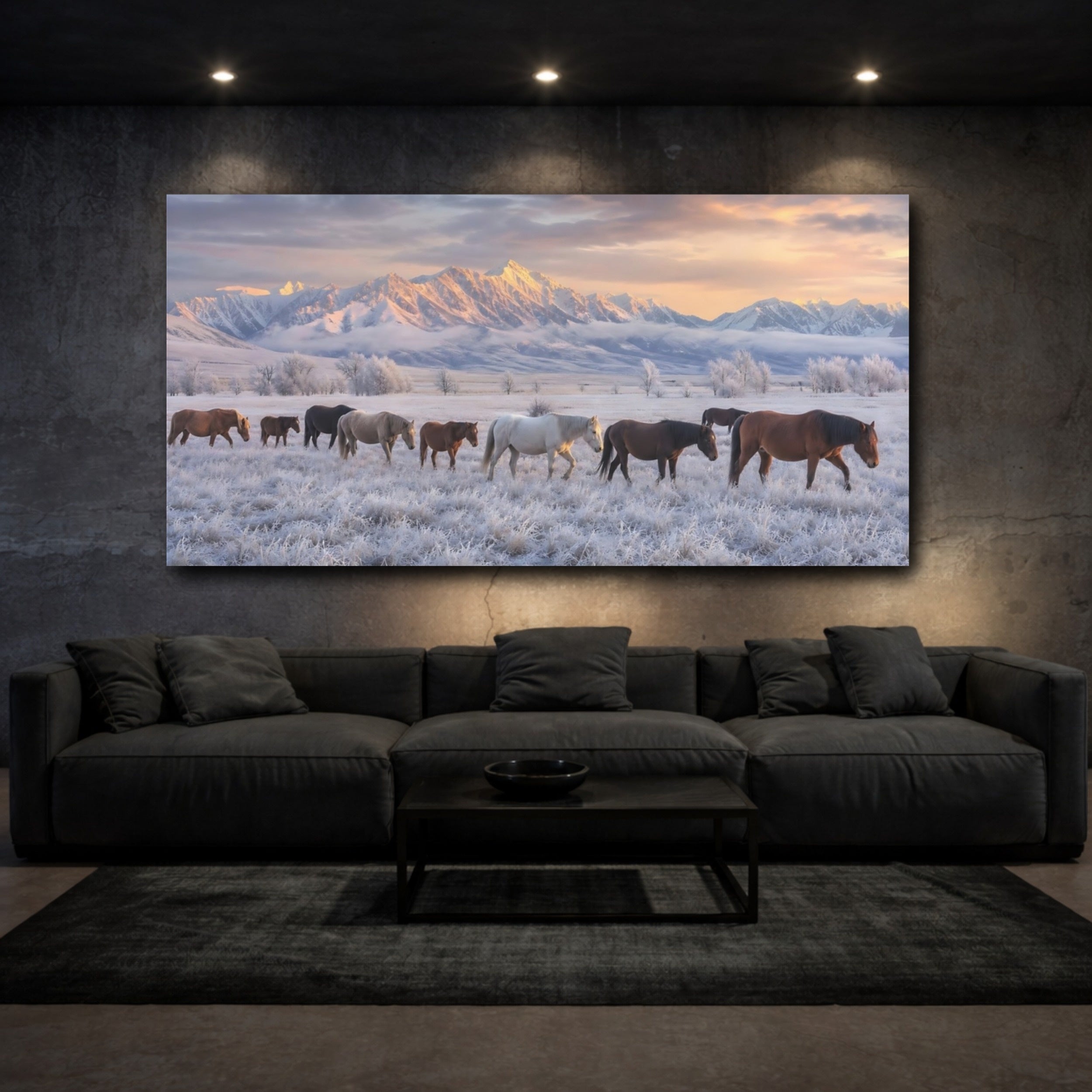 Mockup 3. Animals Horses Winter Horses shown as stretched canvas wall art