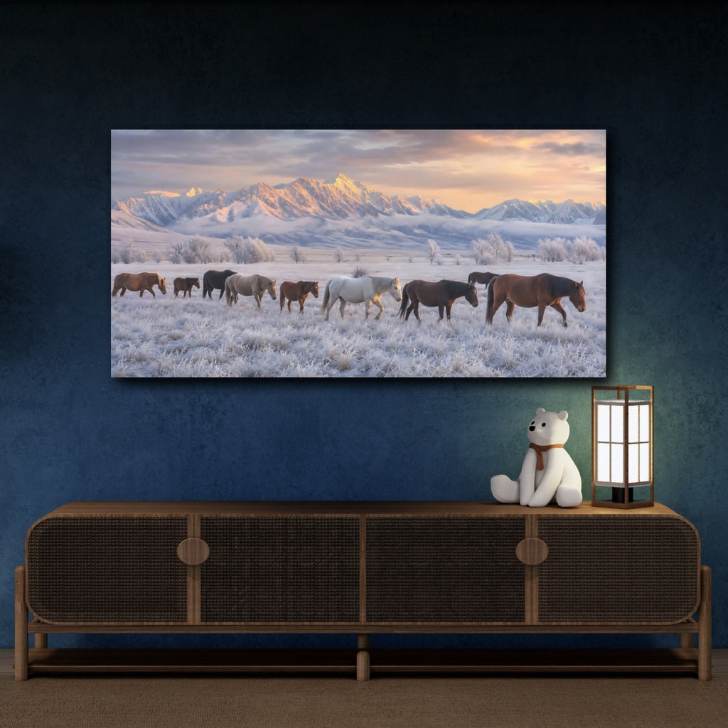 Mockup 4. Animals Horses Winter Horses shown as stretched canvas wall art