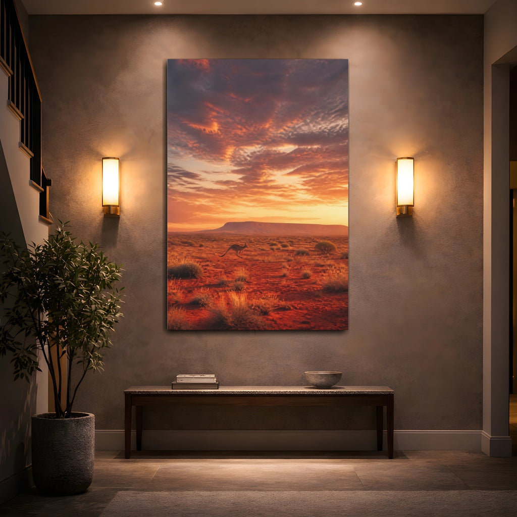Mockup 2. Animals Kangaroo Desert Sunset shown as stretched canvas wall art