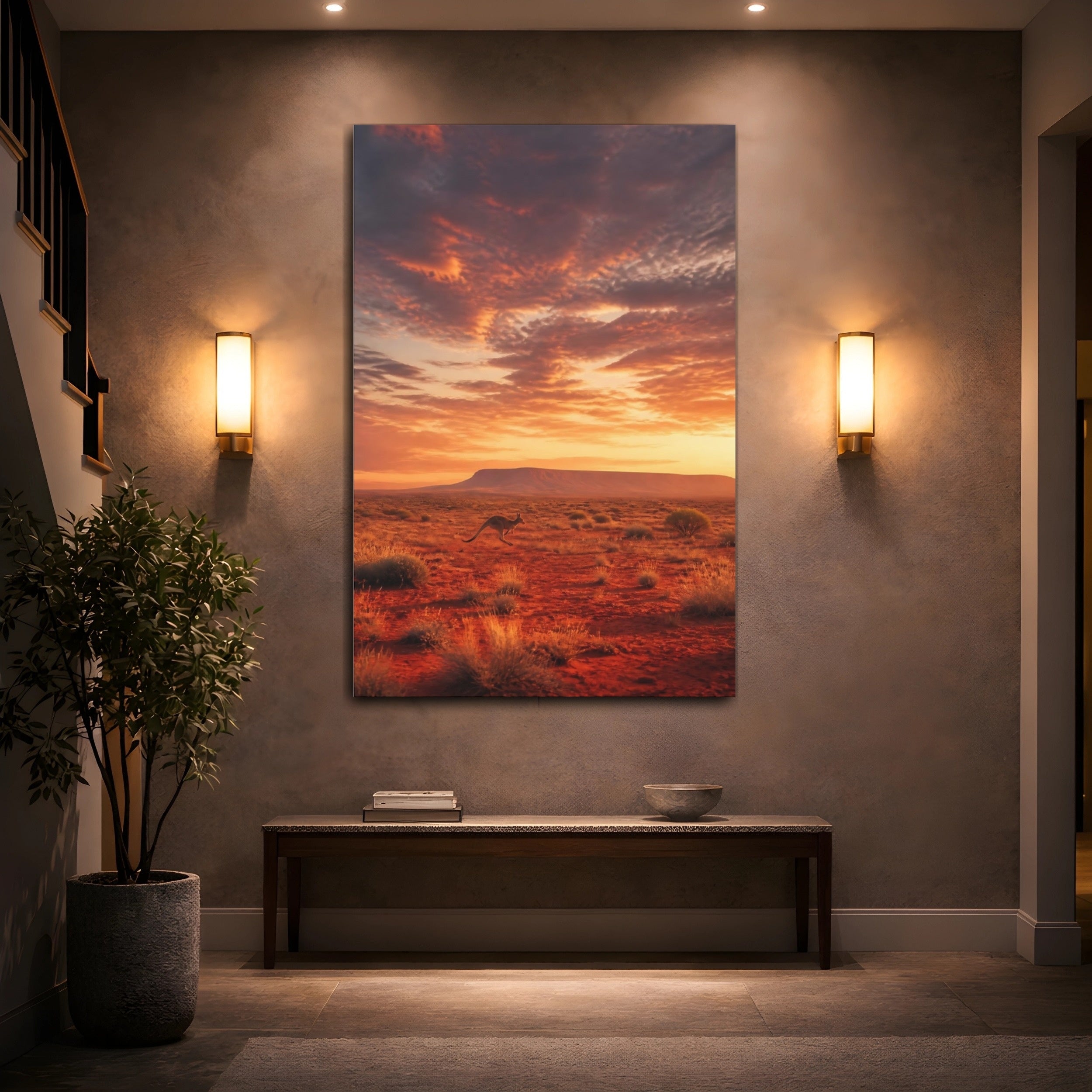 Mockup 2. Animals Kangaroo Desert Sunset shown as stretched canvas wall art