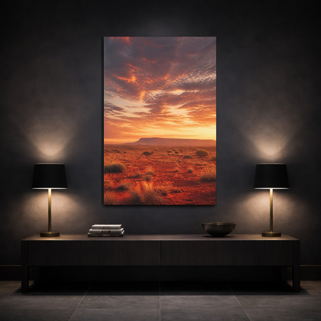 Mockup 3. Animals Kangaroo Desert Sunset shown as stretched canvas wall art