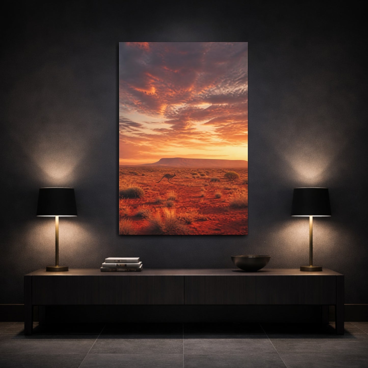 Mockup 3. Animals Kangaroo Desert Sunset shown as stretched canvas wall art