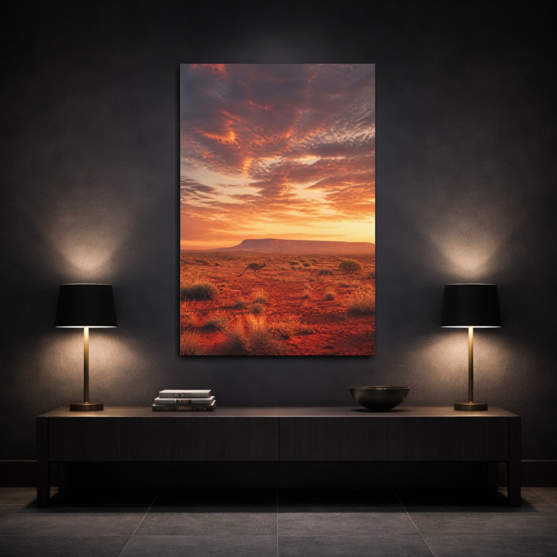 Mockup 3. Animals Kangaroo Desert Sunset shown as stretched canvas wall art