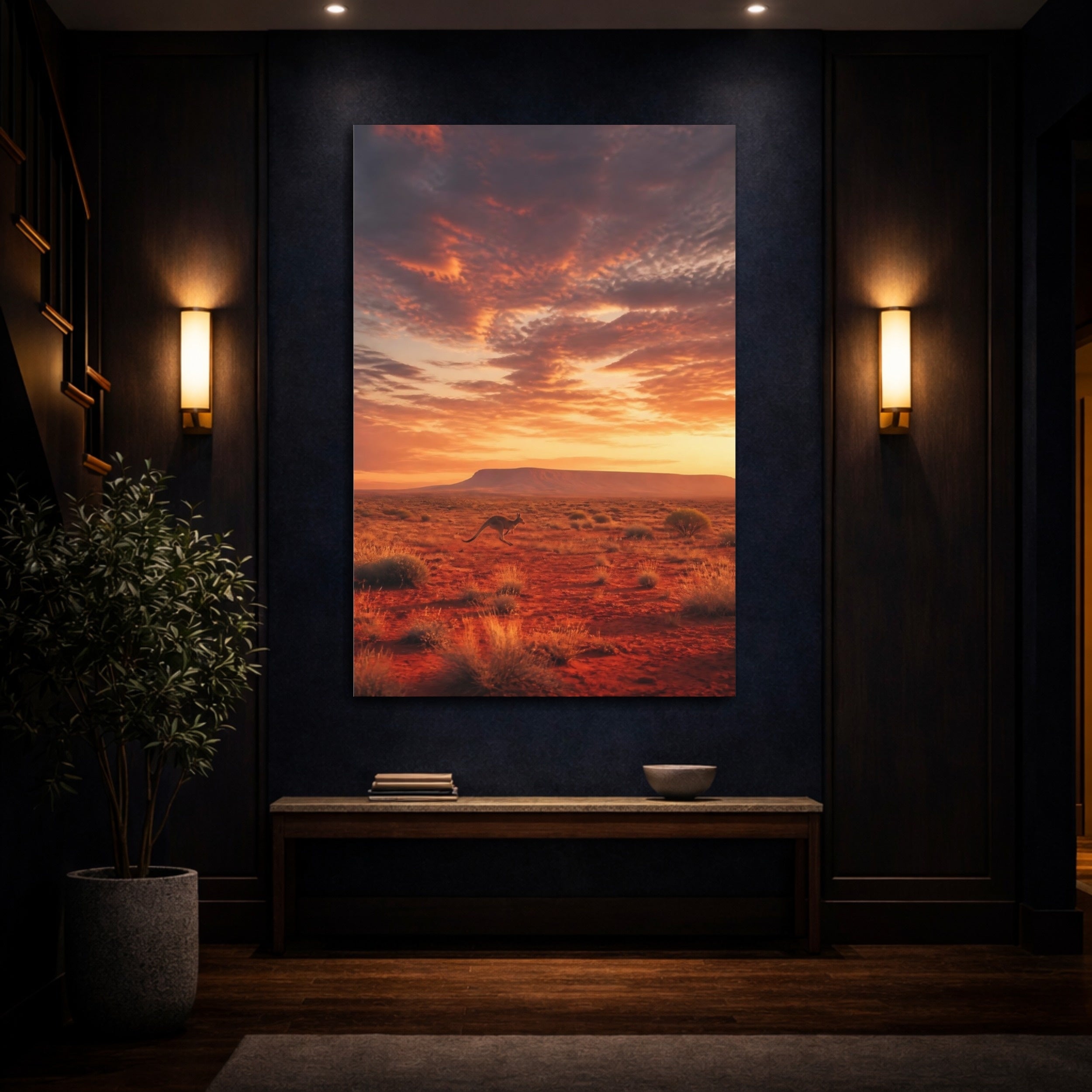 Mockup 4. Animals Kangaroo Desert Sunset shown as stretched canvas wall art