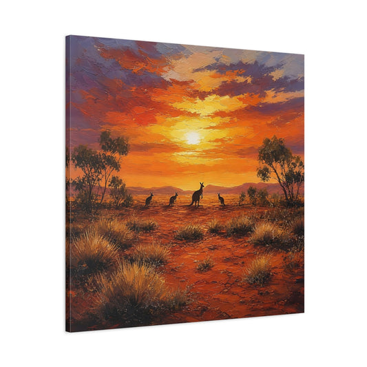 Main Mockup. Animals Kangaroos Orange Desert Sunset shown as stretched canvas wall art