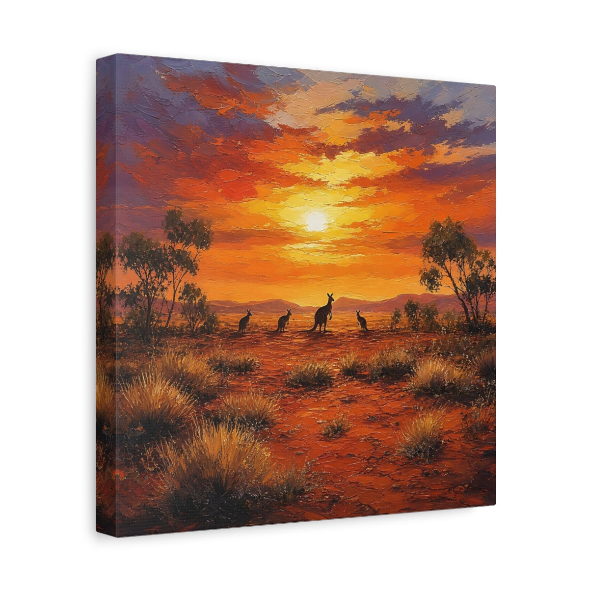 Side Mockup 8. Animals Kangaroos Orange Desert Sunset shown as stretched canvas wall art
