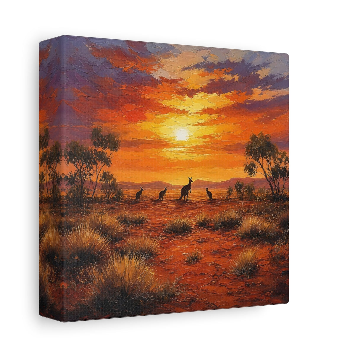 Side Mockup 2. Animals Kangaroos Orange Desert Sunset shown as stretched canvas wall art