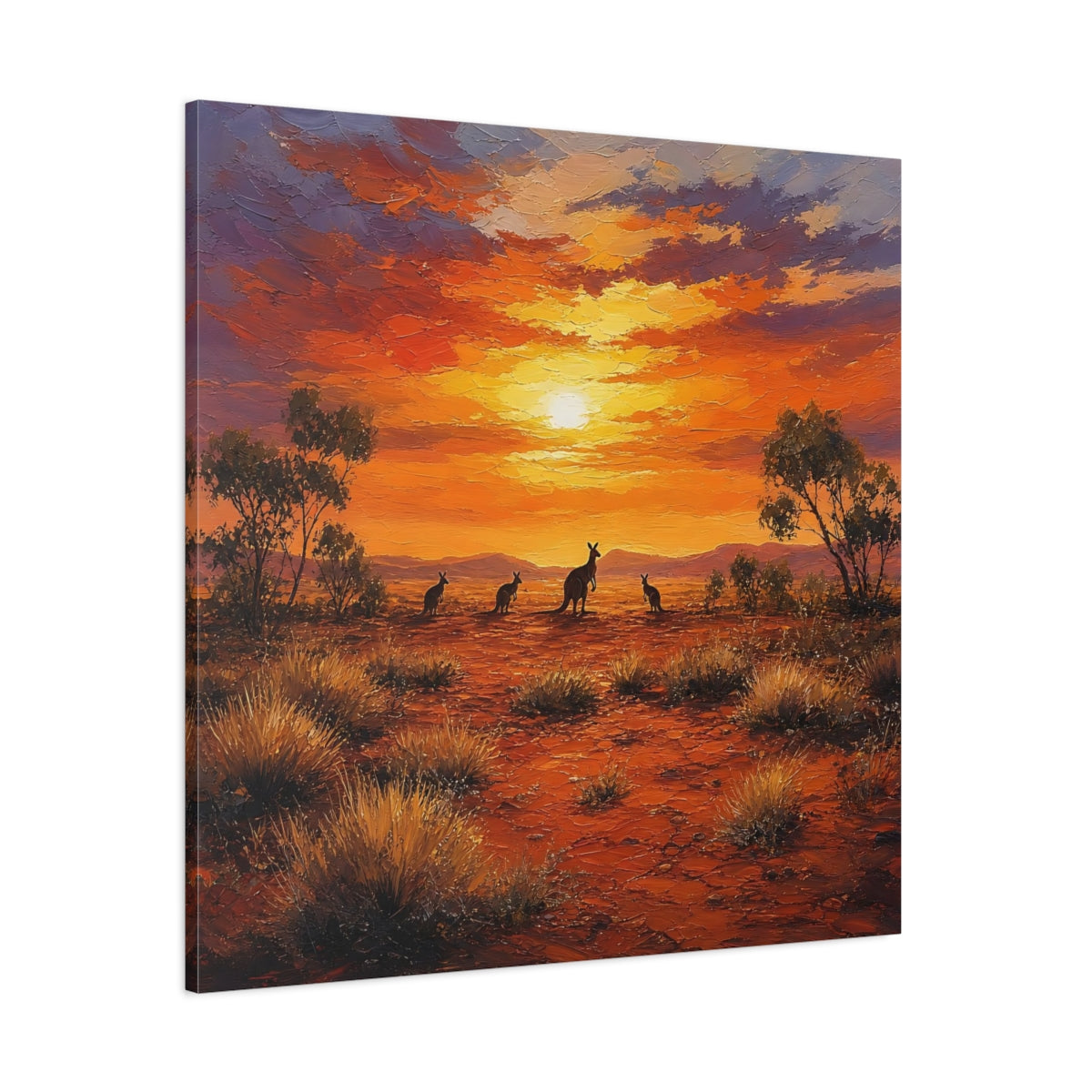 Side Mockup 1. Animals Kangaroos Orange Desert Sunset shown as stretched canvas wall art