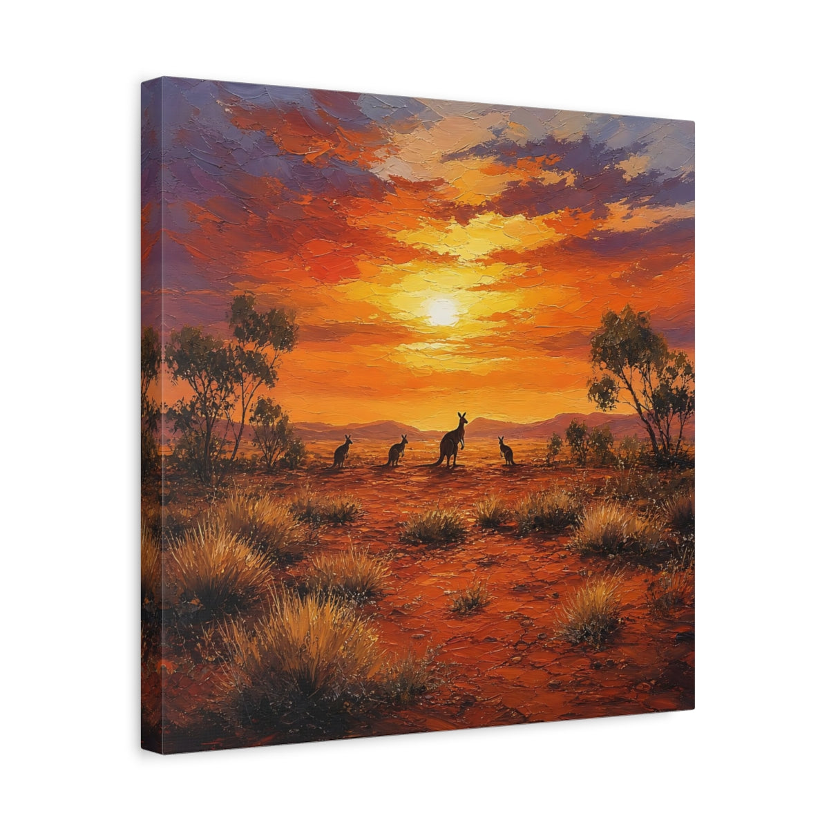 Side Mockup 6. Animals Kangaroos Orange Desert Sunset shown as stretched canvas wall art