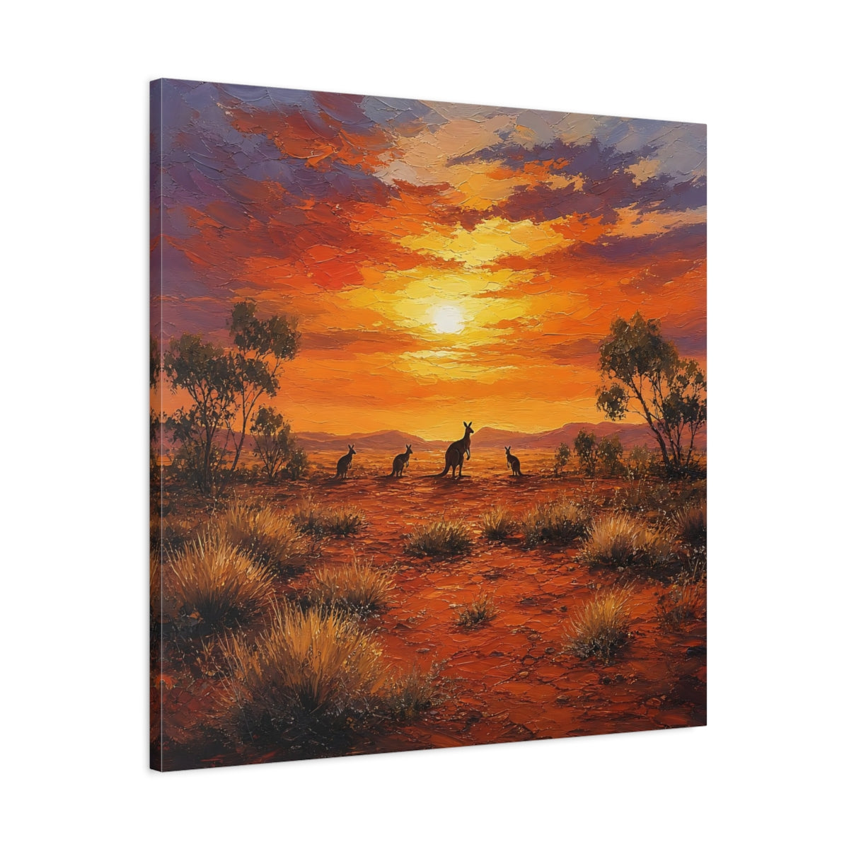 Side Mockup 3. Animals Kangaroos Orange Desert Sunset shown as stretched canvas wall art