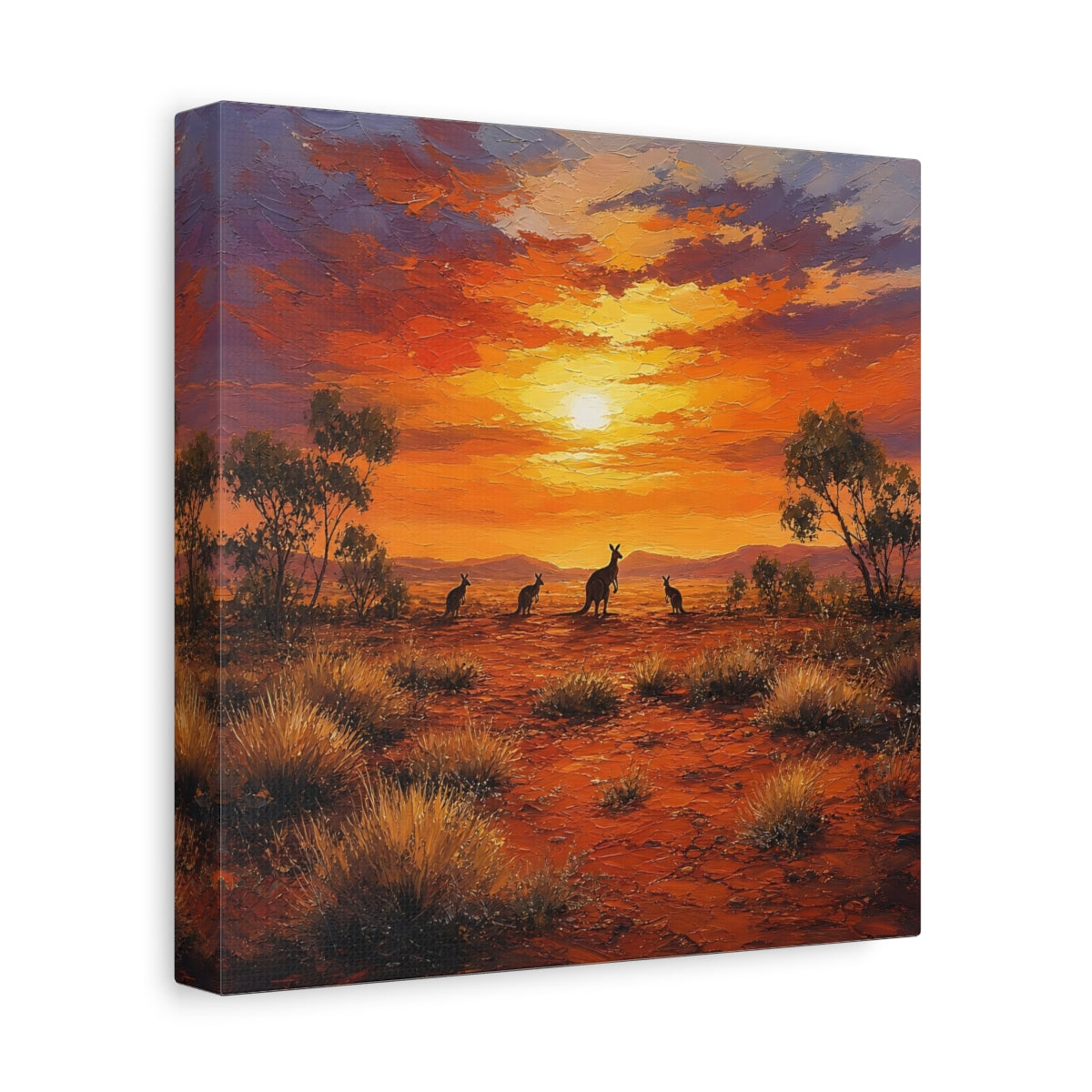 Side Mockup 9. Animals Kangaroos Orange Desert Sunset shown as stretched canvas wall art