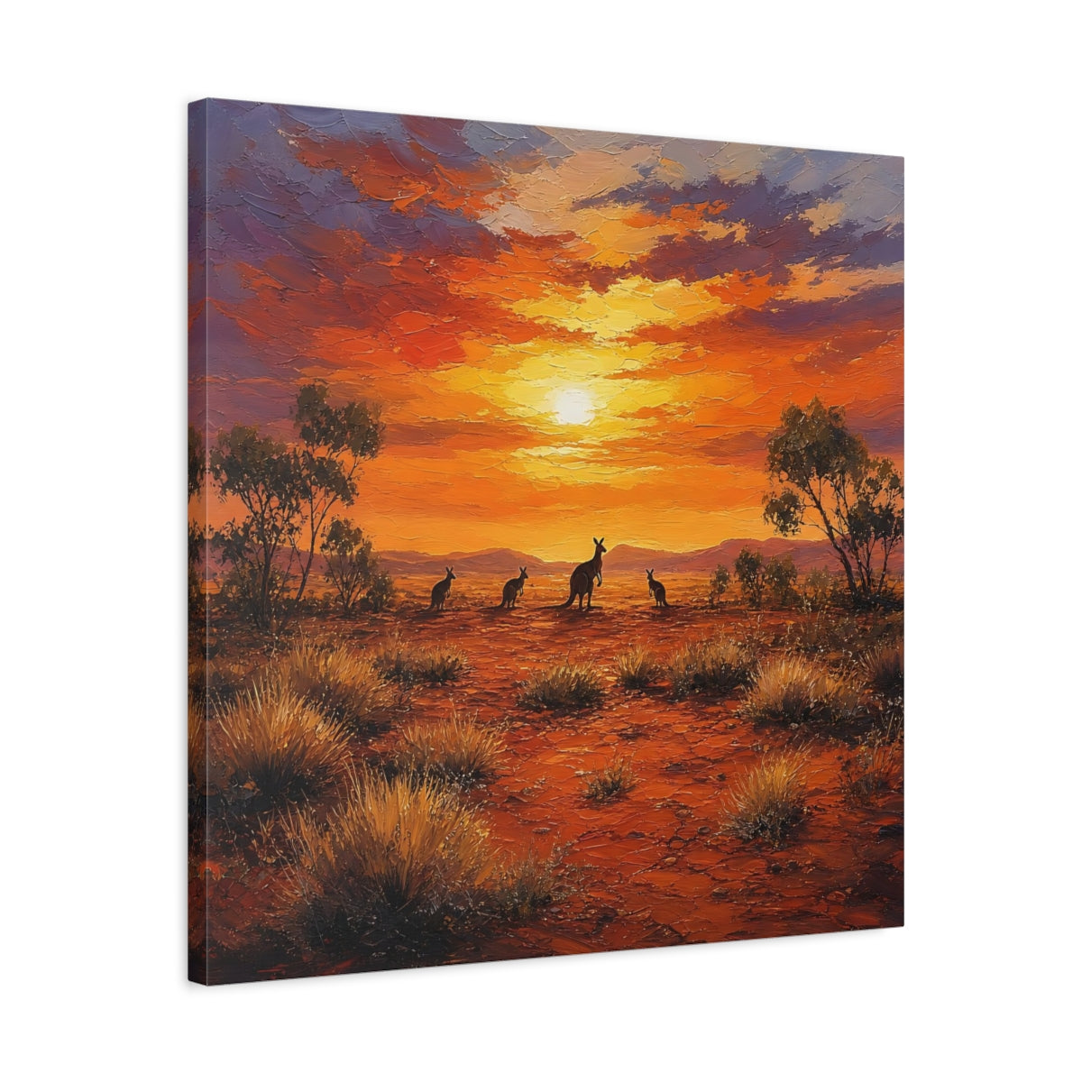 Side Mockup 4. Animals Kangaroos Orange Desert Sunset shown as stretched canvas wall art