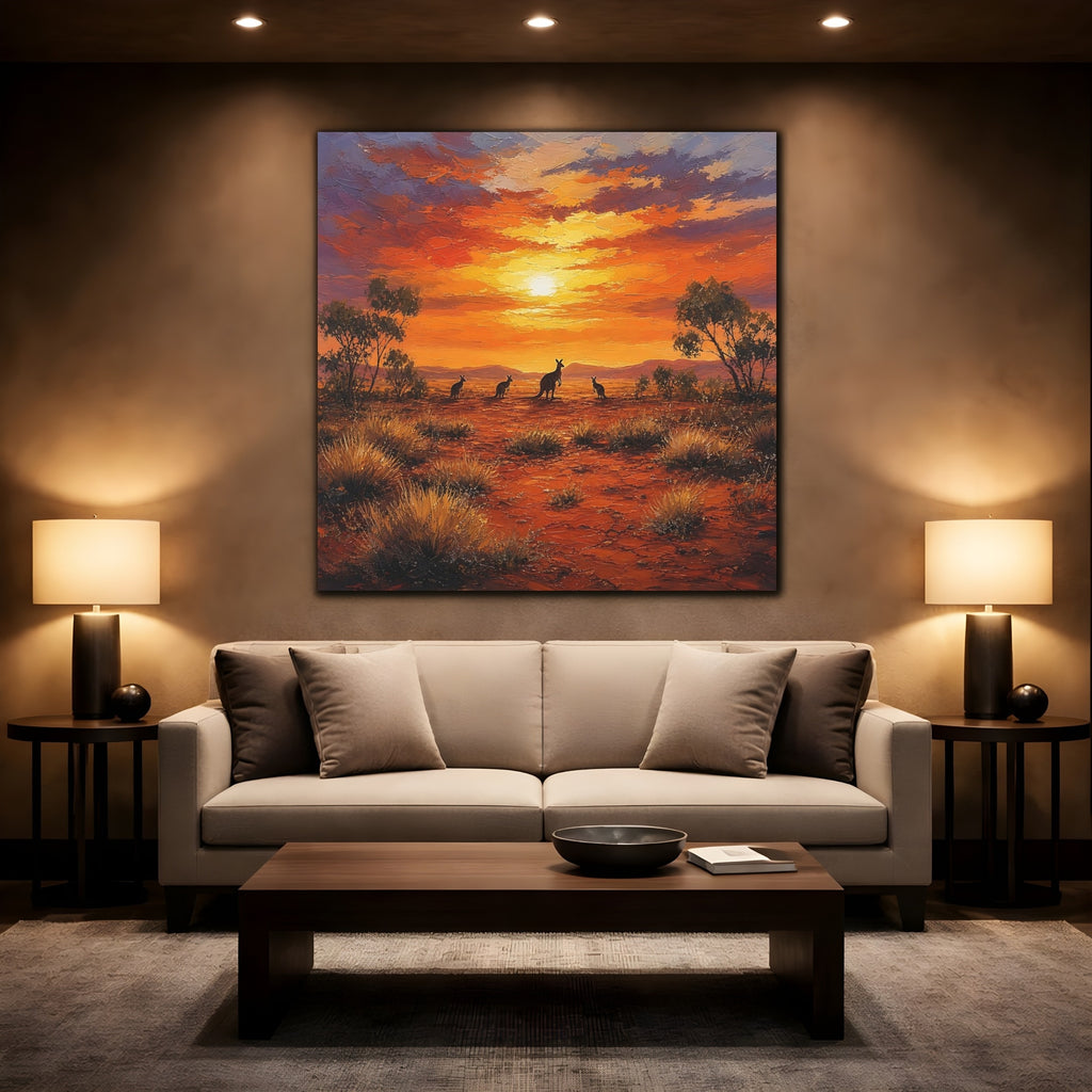 Mockup 2. Animals Kangaroos Orange Desert Sunset shown as stretched canvas wall art
