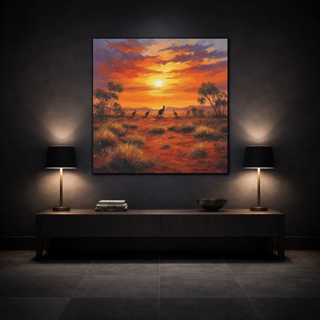 Mockup 3. Animals Kangaroos Orange Desert Sunset shown as stretched canvas wall art